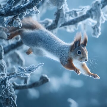Agile squirrel leaps amidst frosted branches, a winter scene of wild beauty and freedom