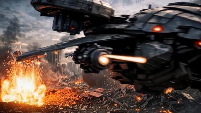 Heavy combat drones patrolling over destroyed city ruins. Post-apocalyptic urban warfare with fire and smoke. Panning camera movement.