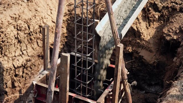 Steel rebar foundation cage being filled with wet concrete during construction, representing essential step in civil engineering.