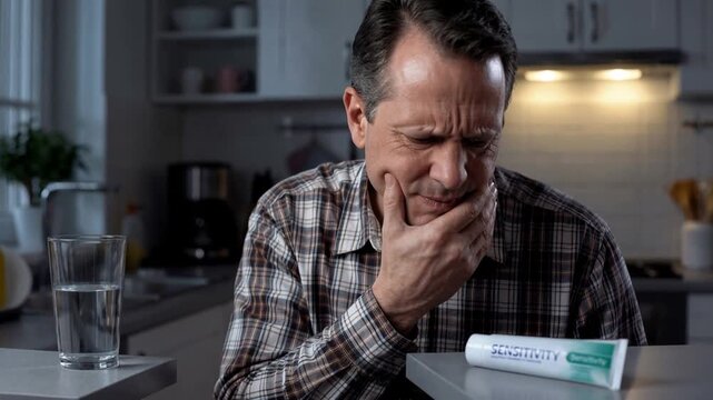 Mature man suffering from tooth sensitivity in kitchen. Medium shot with panning and tilting camera movement.