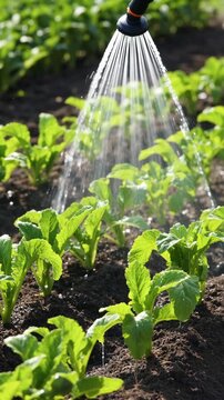 Water scarcity solutions in agriculture use technology to optimize irrigation for green leafy vegetable plants growing in soil under sunlight, promoting sustainable farming and healthy plant growth