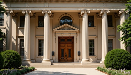 Obraz premium Elegant college Library entrance building entrance with decorative columns and greenery 