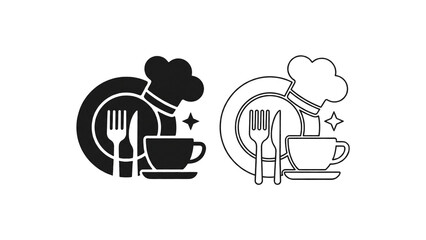 Restaurant Food Service Outline Icon Isolated on Transparent Background, Chef Hat, Tableware and Coffee Cup Symbol, PNG