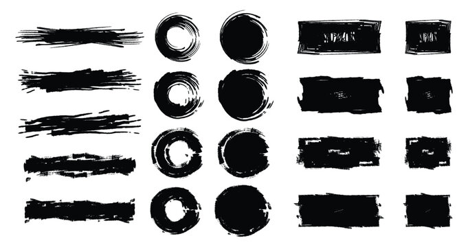 Brush frame rough rectangle box shape set. Grunge rectangle and circles brush set. Ink pen rectangles squares circles ovals collection. black ink brush strokes. Vector illustration. EPS 10