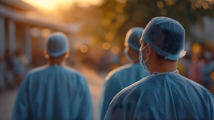 A group of medical professionals walks forward on their way to the light, conveying a sense of teamwork and compassion, bathed in a warm sunset glow.