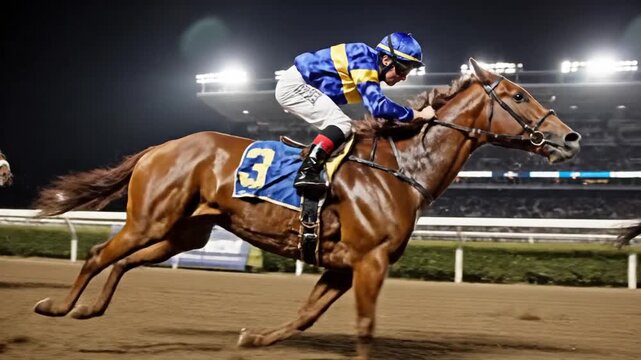 Horse racing jockey on horseback in a competition event with a clear blue sky in the background