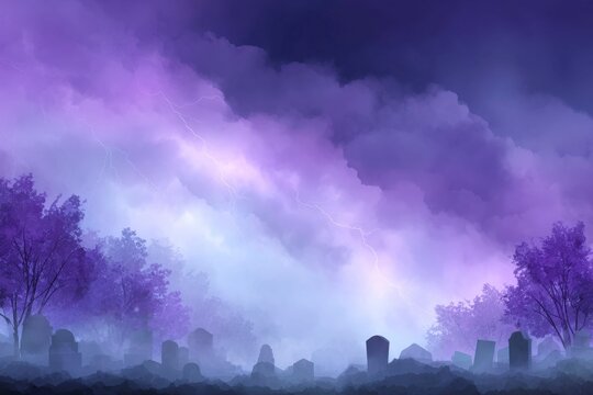 purple clouds with lightning, old cemeteries in the distance, in purple hues