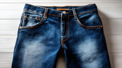 High-resolution flat lay image of a single pair of denim pants with a faded finish and orange stitching, neatly arranged on a clean white surface with ample copy space