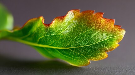 Macro shot of a vibrant green leaf with glowing edges and intricate veins, showcasing natural beauty and detail, ideal for botanical and nature-themed design projects with copy space