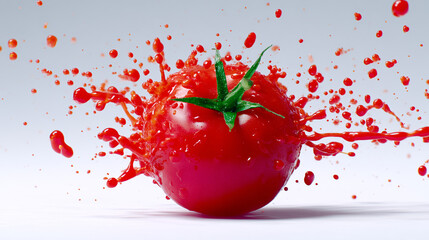 High-speed Capture of a Tomato Exploding with Suspended Pulp on White

