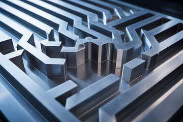 Intricate metallic maze or labyrinth structure with sharp geometric shapes and reflective surfaces