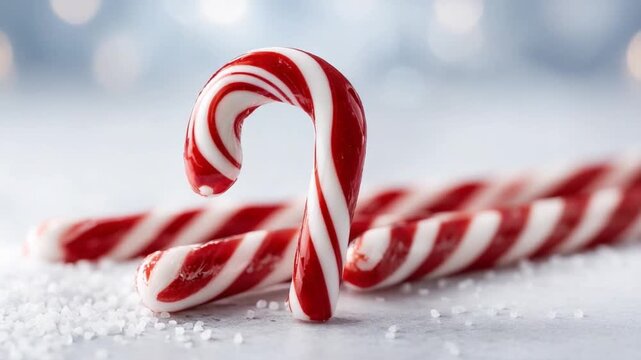 Candy Cane Delight: A close-up shot of candy canes arranged, the focus is on a single, upright candy cane and other canes behind, evoking the festive spirit of holiday cheer.