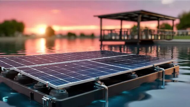 Floating solar panel on serene lake at sunset with modern dock