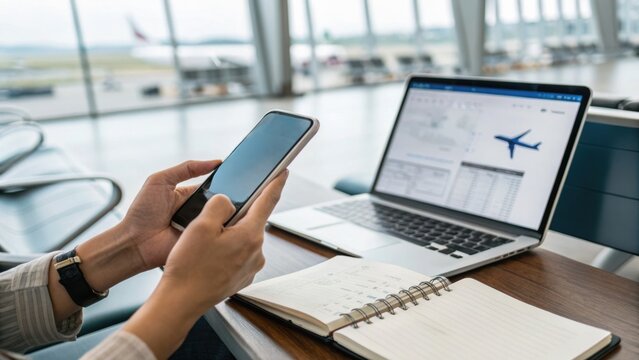 A person using a smartphone while working on a laptop at an airport, with an airplane visible in the background. - Powered by Adobe