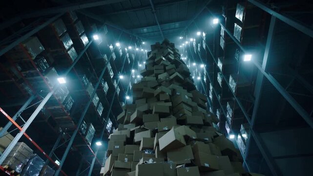 Warehouse worker looking up at massive tower of cardboard boxes. Logistics employee standing before unstable pile in distribution center. Tilting up wide shot.