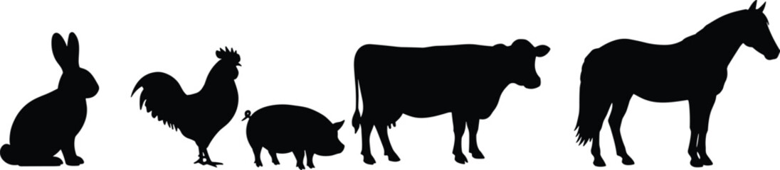 Farm animal silhouette set including rabbit, rooster, pig, cow, and horse, domestic livestock icons for rural, agriculture, and vector design