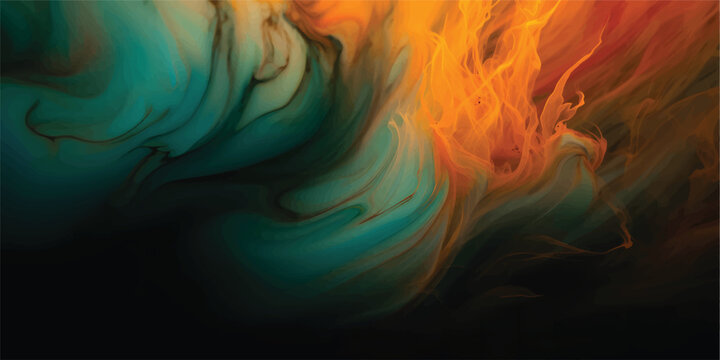 Abstract colorful fractal background featuring swirling blue smoke and fire waves in a smooth motion design with dark energy patterns and flowing light curves on a black backdrop illustration
