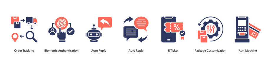 Obraz premium Secure Digital Access web banner icon vector illustration featuring Order Tracking, Biometric Authentication, Auto Reply, Auto Reply, E Ticket, Package Customization, and Atm Machine.