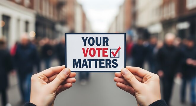 Person holding a sign that reads 'Your Vote Matters' in front of people walking down a street