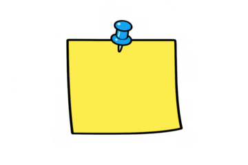 Yellow blank sticky note or blank memo pinned with a blue thumbtack, holding important reminder messages and communications, transparent background
