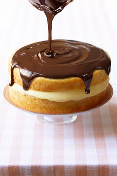 Boston Cream Pie on a cake stand with pink checkered tablecloth