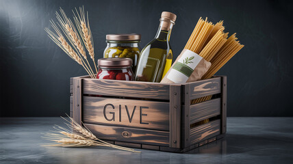 A rustic wooden crate overflowing with essential pantry staples and fresh produce, symbolizing generosity and community support