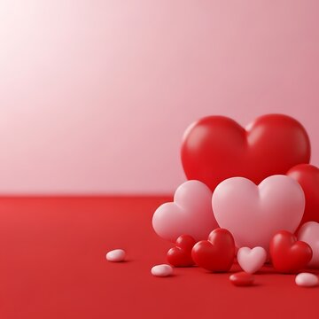 Beautiful three dimensional rendering featuring a delightful cluster of glossy red and soft pink heart shapes scattered across a vibrant red surface, creating a perfect backdrop for celebrating romanc
