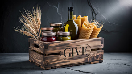 Evocative studio shot of a rustic wooden crate brimming with wholesome pantry staples, golden wheat, and essential provisions, symbolizing gratitude and charitable giving