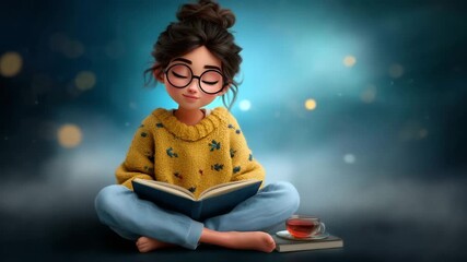 Relaxed woman reading book with tea in cozy atmosphere