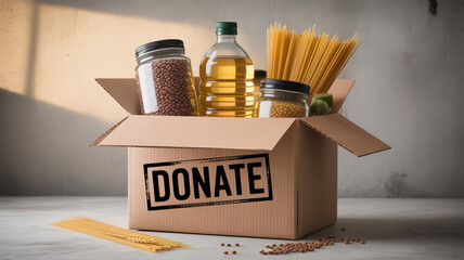 A donation box brimming with essential groceries, including pasta, oil, and grains, ready to provide vital community support and humanitarian aid for those in need