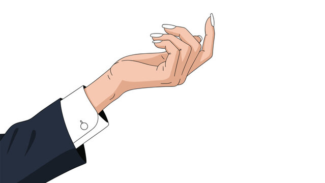 Human hand wearing a dark blue suit jacket sleeve making a beckoning come here gesture with fingers on white backdrop.