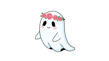 Friendly little ghost character wearing a pink rose flower crown standing on a white background for halloween fun.