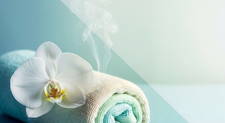 White orchid beside rolled hot towel on soft background  