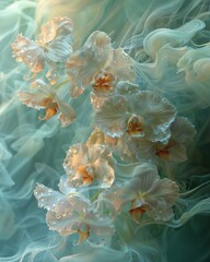 White orchids surrounded by soft flowing textures in pastel tones  