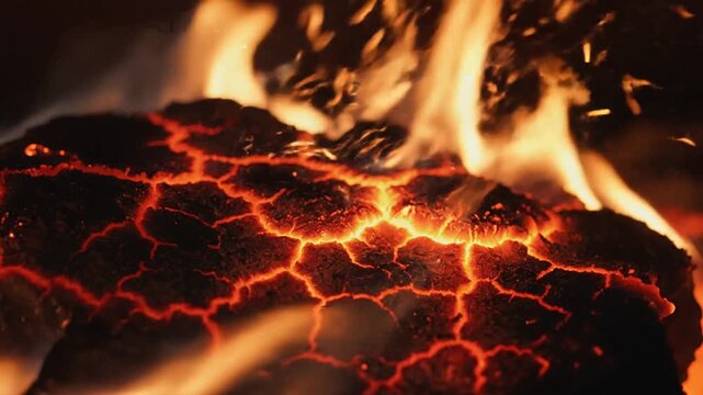 Intense Close-Up of Burning Wood with Bright Orange Cracks in Dark Fireplace Emitting Light and Heat