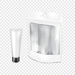 White euro hole hanging zipper bag with squeeze tubes inside. Realistic mockup. Collapsible tube set in zip stand-up pouch with clear window. Vector mock-up. Beauty product gift package. Template