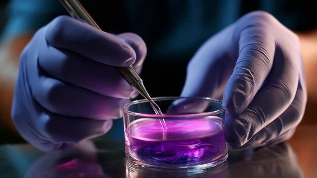 A close-up view of hands wearing purple gloves skillfully mixing a vibrant purple liquid in a petri dish, demonstrating a precise scientific procedure or experiment in a controlled environment.