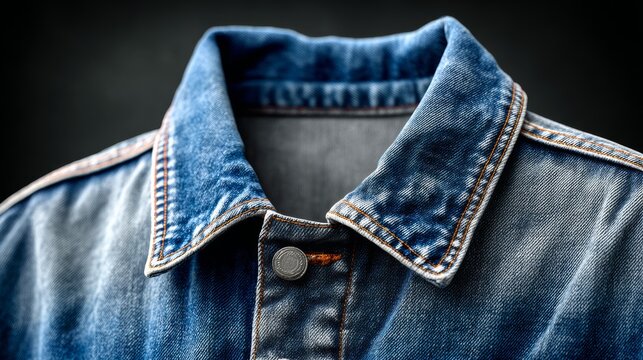 Close-up of a blue denim jacket collar with visible stitching, seams, and fabric texture, showcasing natural folds and high-resolution textile photography with copy space