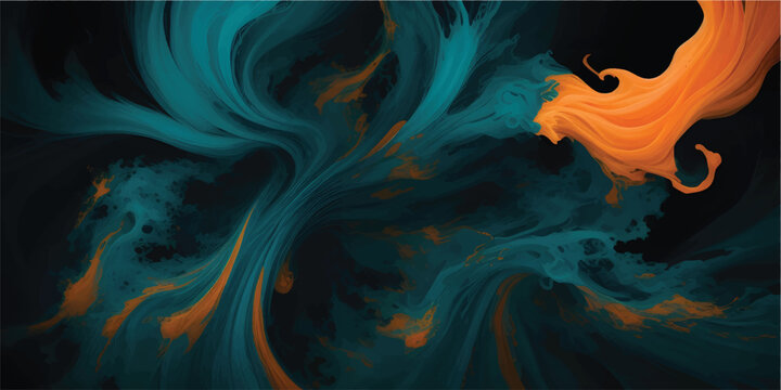 Smoke explosion collision of vibrant orange and teal color dust on a dark background