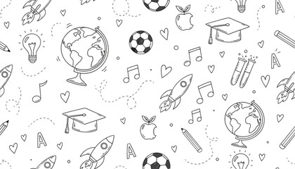 Education Doodle Seamless Pattern with School Icons Globe Rocket Music Notes and Learning Symbols Flat Vector Illustration © Sajjat