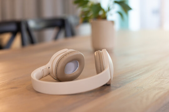 Beige over-ear headphones are resting on large wooden table near window, with potted plant