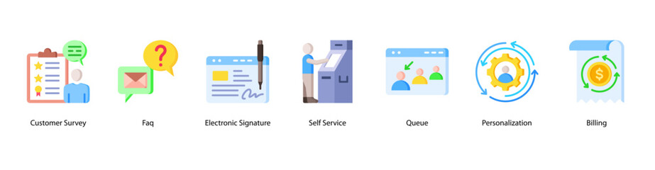 Fototapeta premium Smart Customer Solutions web banner icon vector illustration featuring Customer Survey, Faq, Electronic Signature, Self Service, Queue, Personalization, and Billing.