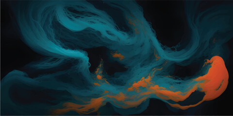 An abstract fractal background features a colorful flow of blue smoke and light waves, creating a dark motion pattern with smooth fire and flame shapes in a textured art design © FSompa