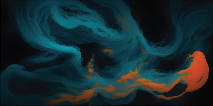 An abstract fractal background features a colorful flow of blue smoke and light waves, creating a dark motion pattern with smooth fire and flame shapes in a textured art design
