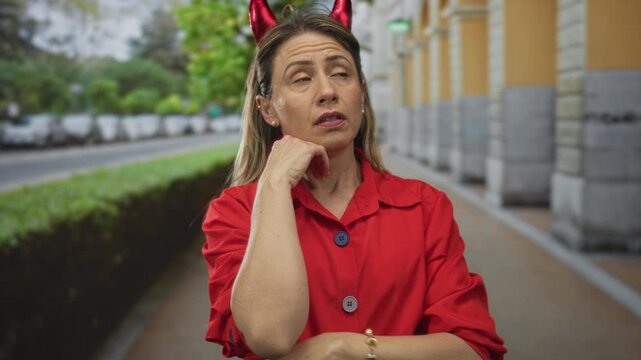 Middle aged blonde woman resting hand on chin on a city street wearing red shirt and devil horns; contemplation.
