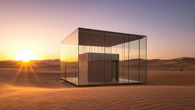 Modern glass house in the desert at sunrise