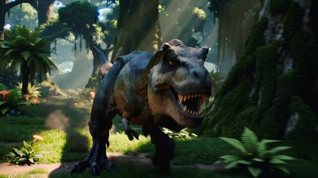Tyrannosaurus rex running through prehistoric jungle and roaring. Predatory dinosaur hunting in tropical forest with sunbeams and mushrooms. Low angle tracking shot.