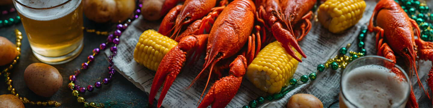 Cooked crawfish boil with corn, potato, beer, Mardi Gras beads for a festive Louisiana seafood celebration.