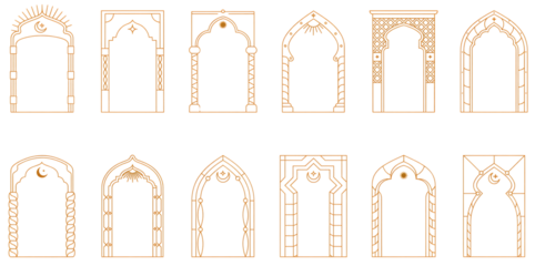Muslim Mosque Window And Door Arch Frames With Aesthetic Boho Ornaments, Islamic Moon, Star And Arabian Ramadan Boho Arch Frames. Vector Minimal Line Pattern, Ramadan Kareem And Eid Mubarak Themes.