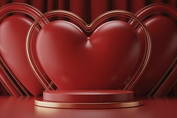 3D glossy heart podium, romantic valentine display stage with luxury lighting for product mockups and promotions
